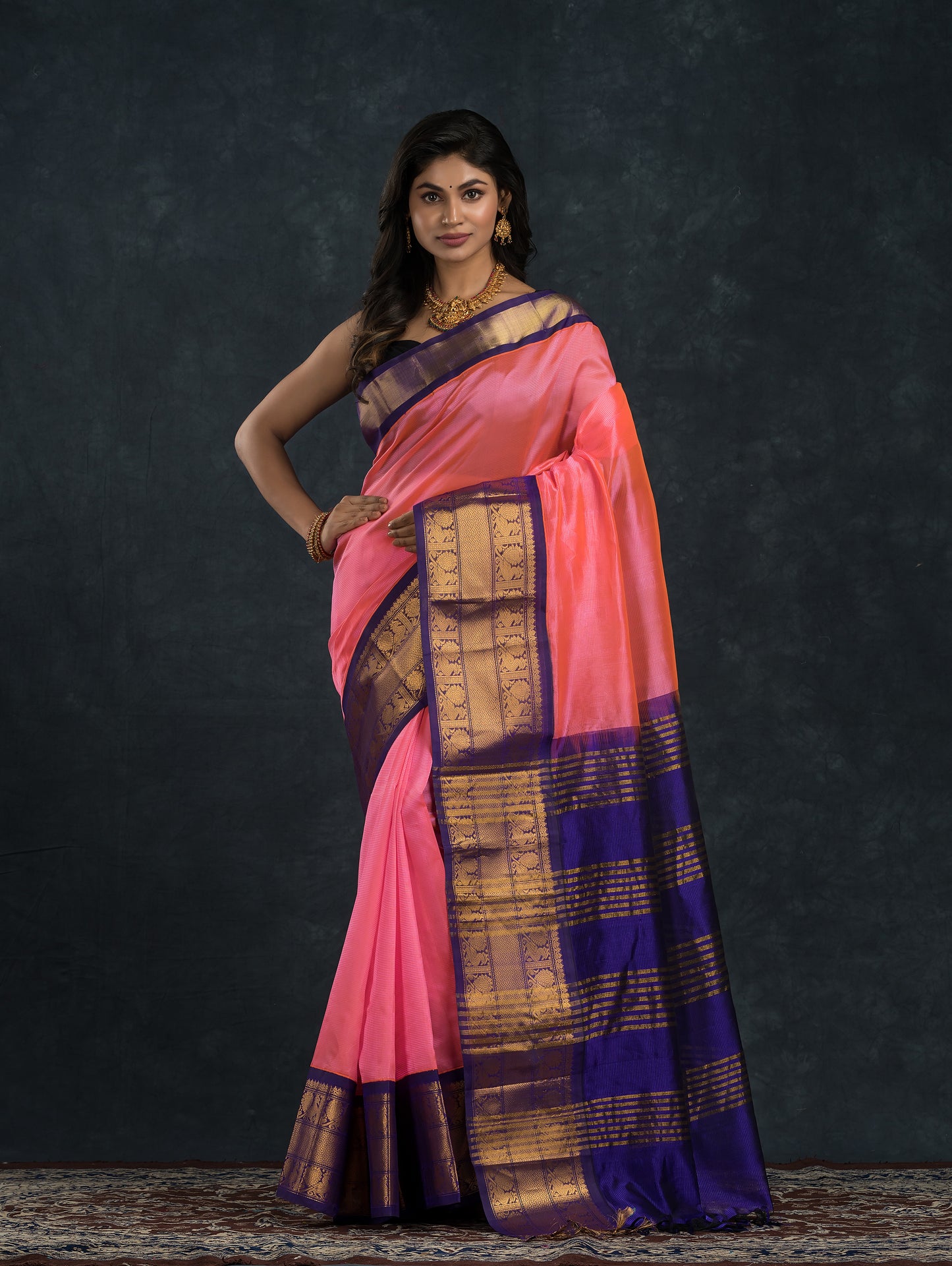 Pure Handloom Korvai Saree | Magenta Pink with Blue