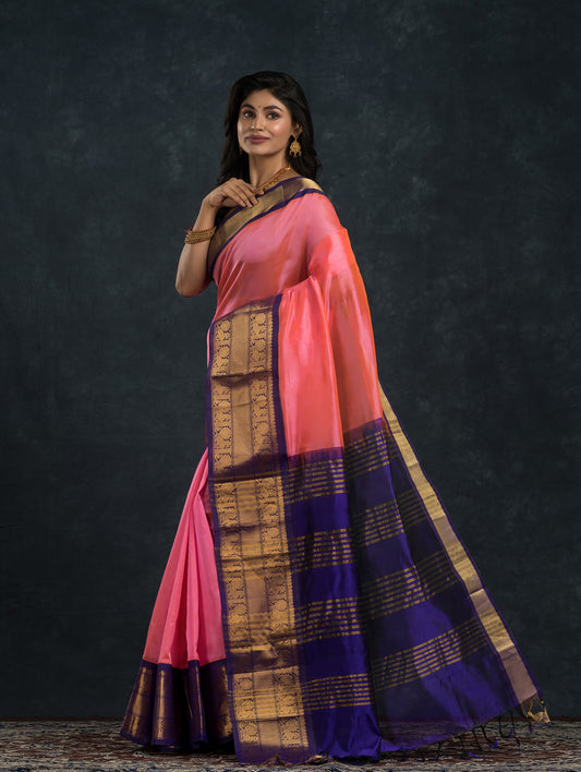 Pure Handloom Korvai Saree | Magenta Pink with Blue