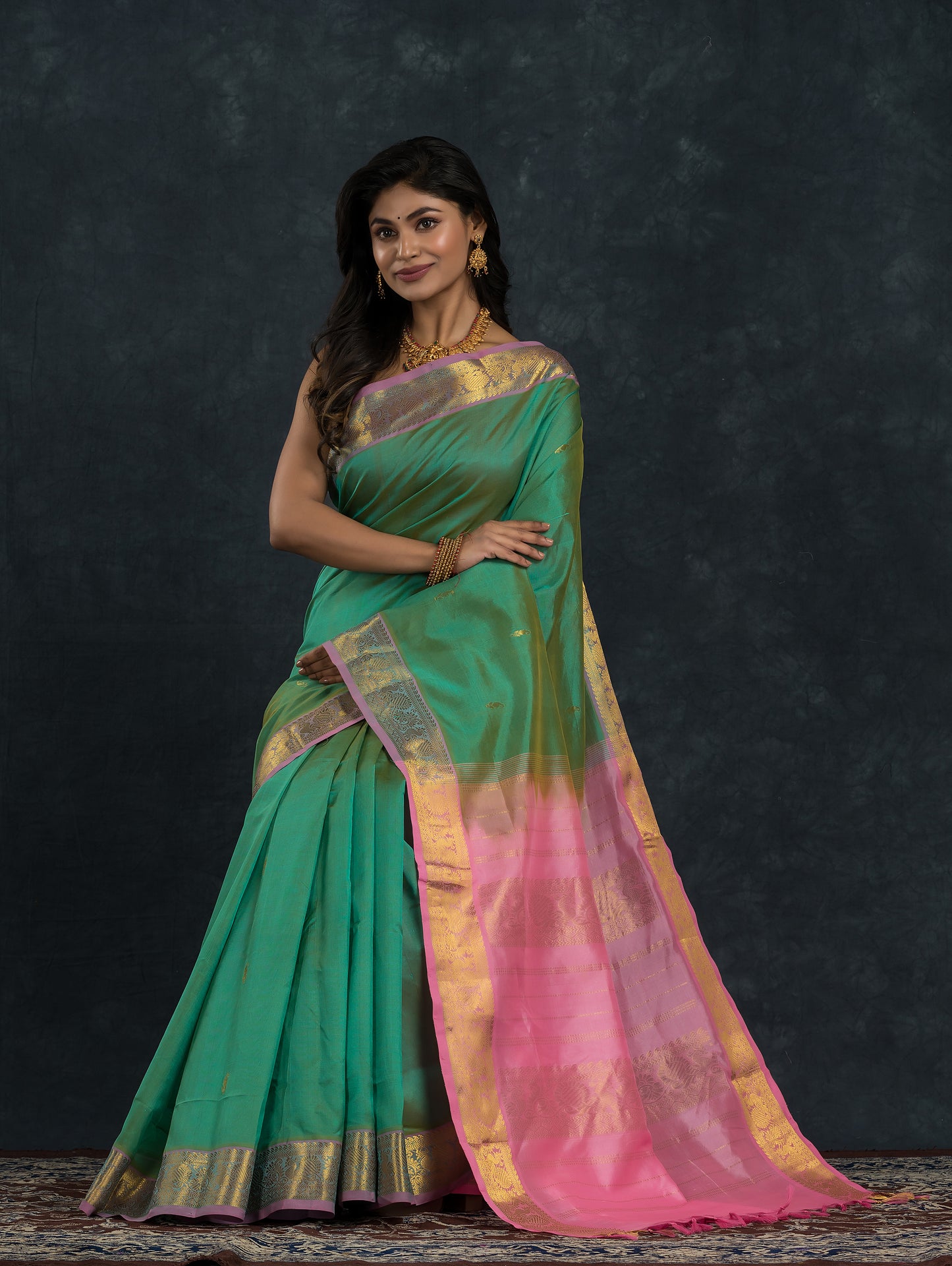 Handloom Korvai Silk Cotton Saree  |  Sea Green