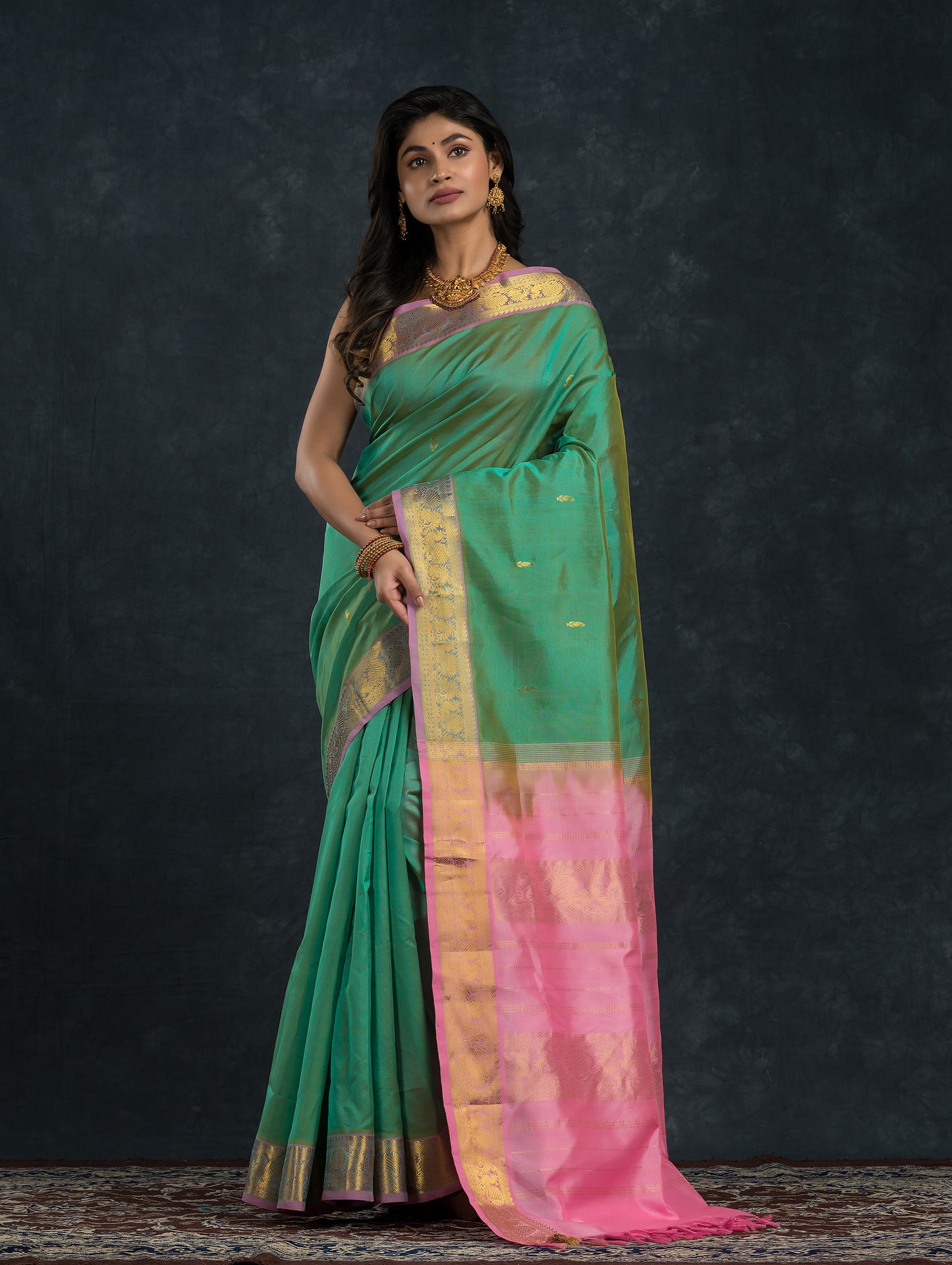 Handloom Korvai Silk Cotton Saree  |  Sea Green