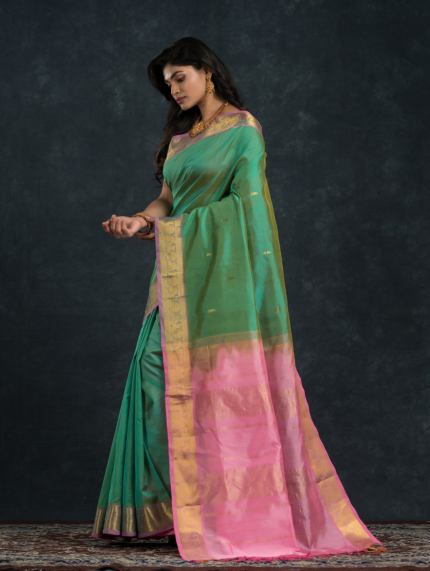Handloom Korvai Silk Cotton Saree  |  Sea Green
