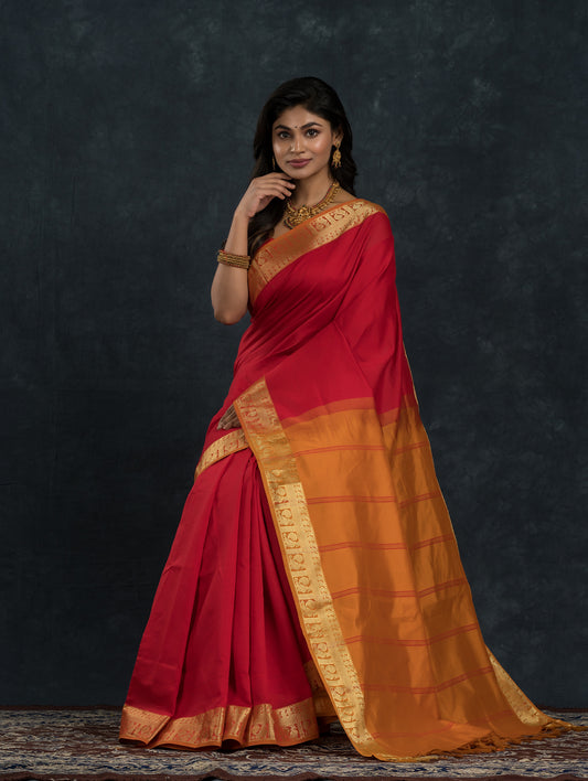 Pure Handloom Korvai Saree | Classic Korvai | Passion Red and Mustard