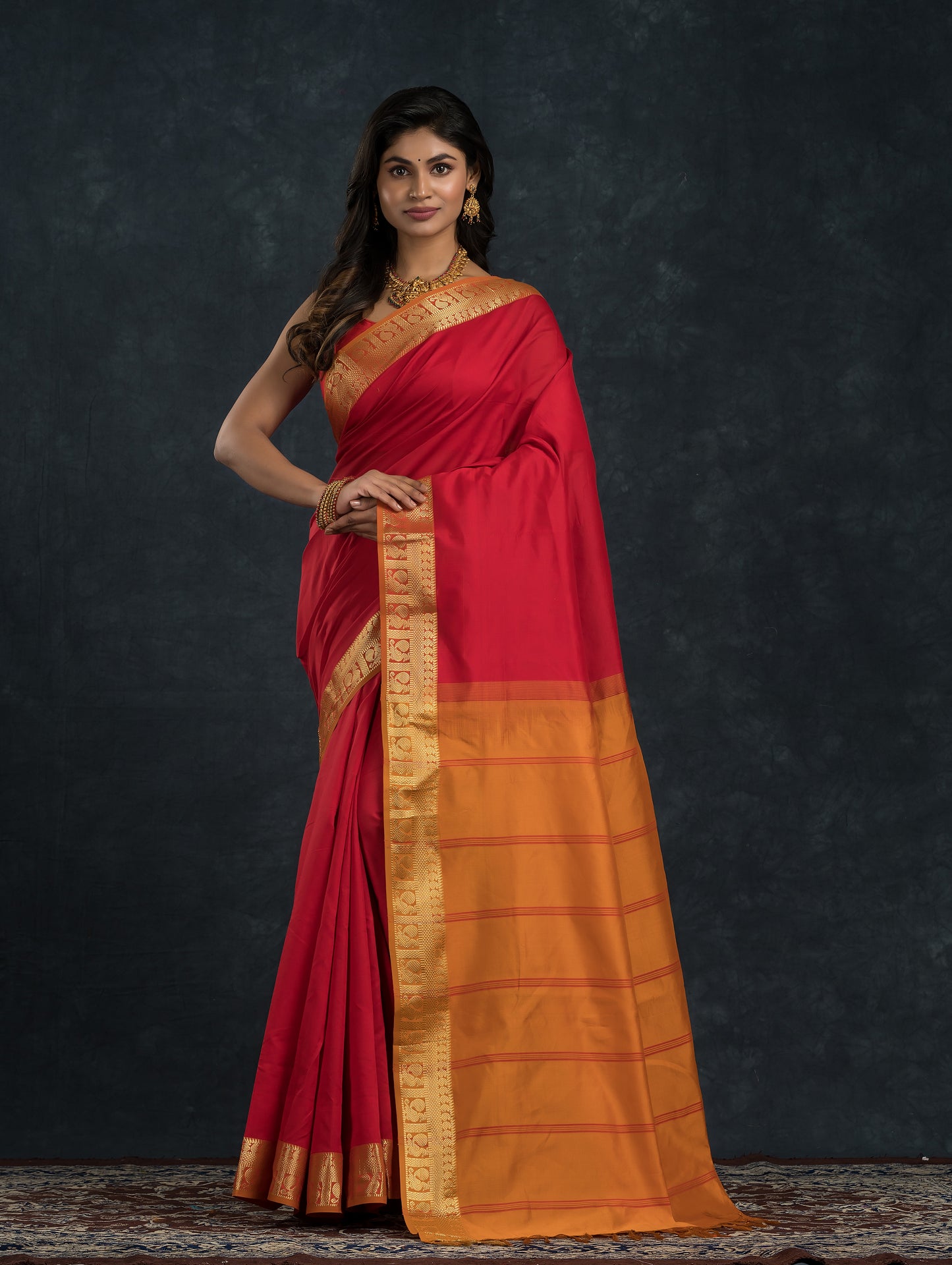 Handloom Korvai Silk Cotton Saree  |  Brick Red