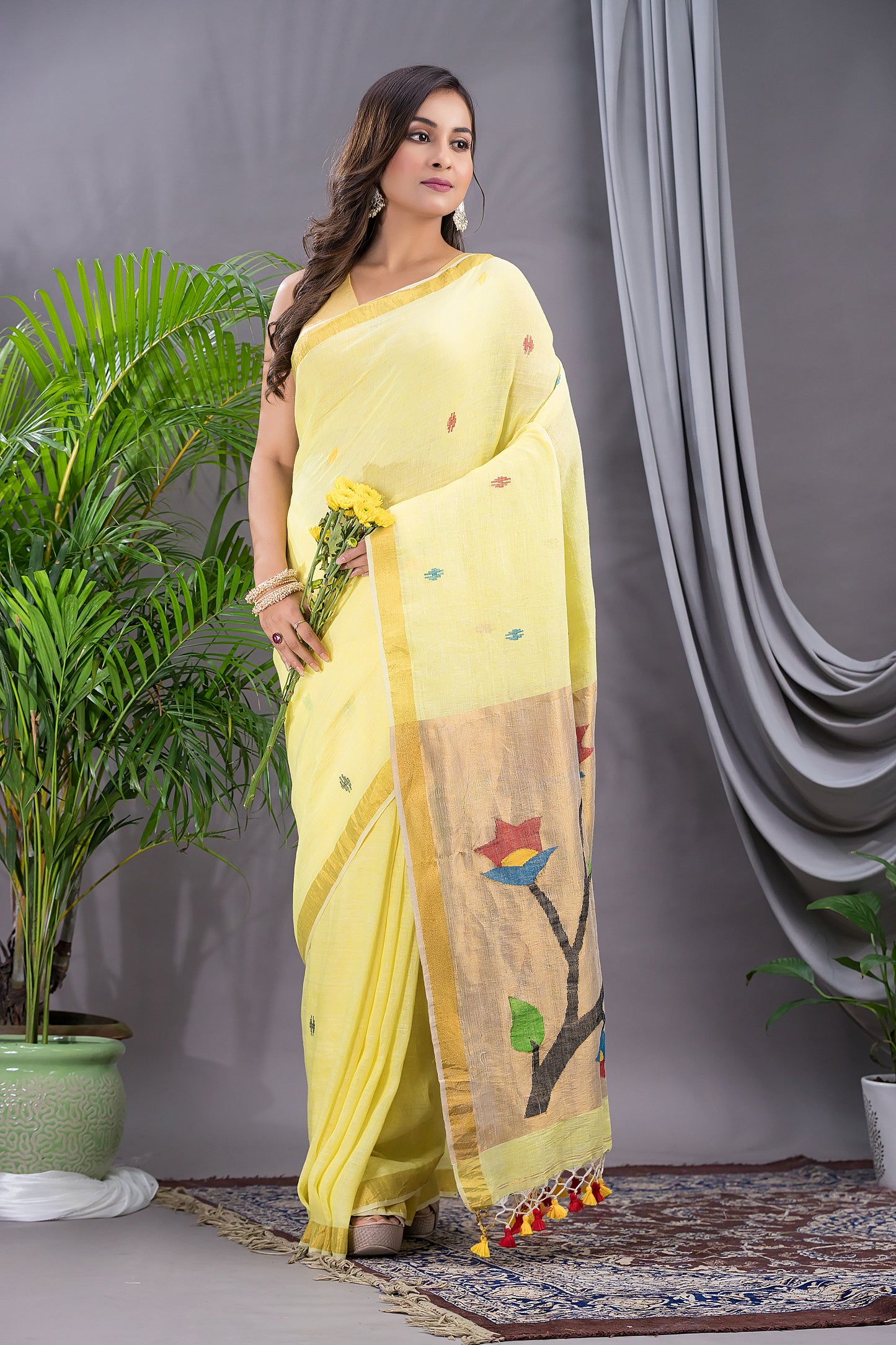 Handwoven Pure Jamdani Linen Saree  |  Sun Yellow