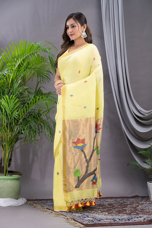 Handwoven Pure Jamdani Linen Saree  |  Sun Yellow