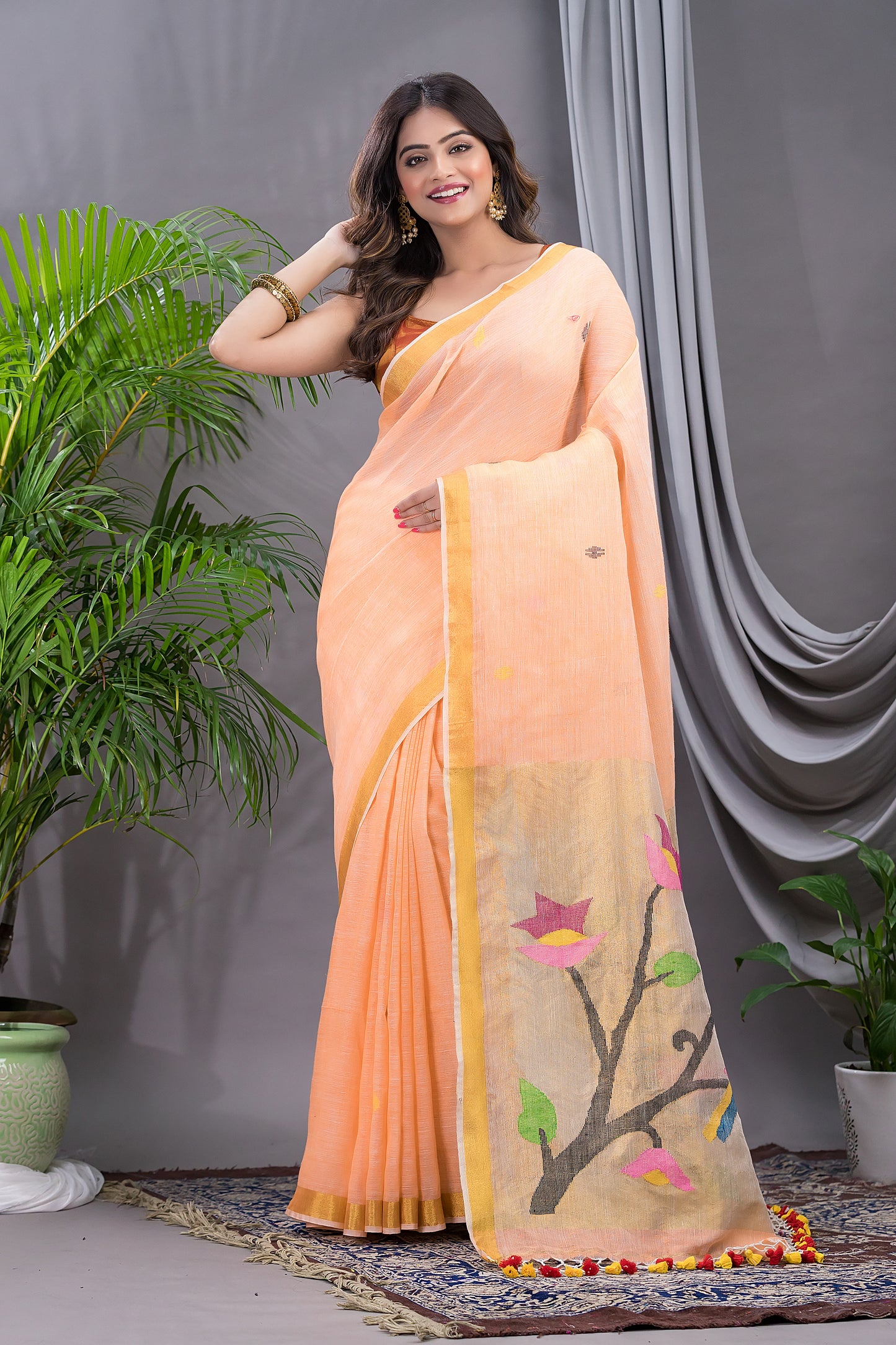 Handwoven Pure Jamdani Linen Saree  |  Peach Orange