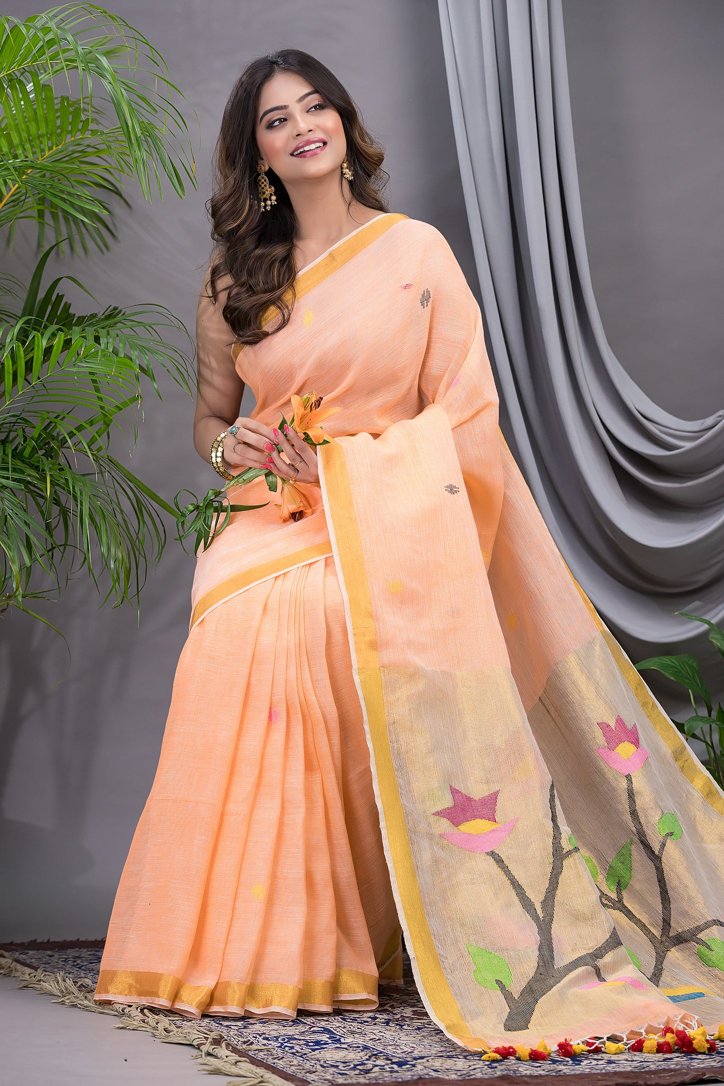 Handwoven Pure Jamdani Linen Saree  |  Peach Orange