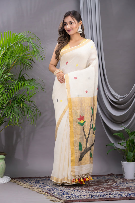 Handwoven Pure Jamdani Linen Saree  |  Warm Ivory