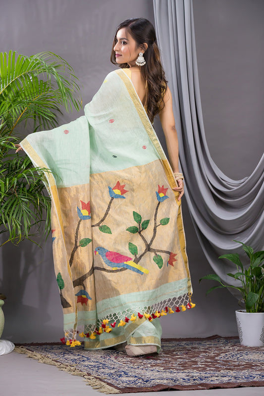 Handwoven Pure Jamdani Linen Saree  |  Sage Green