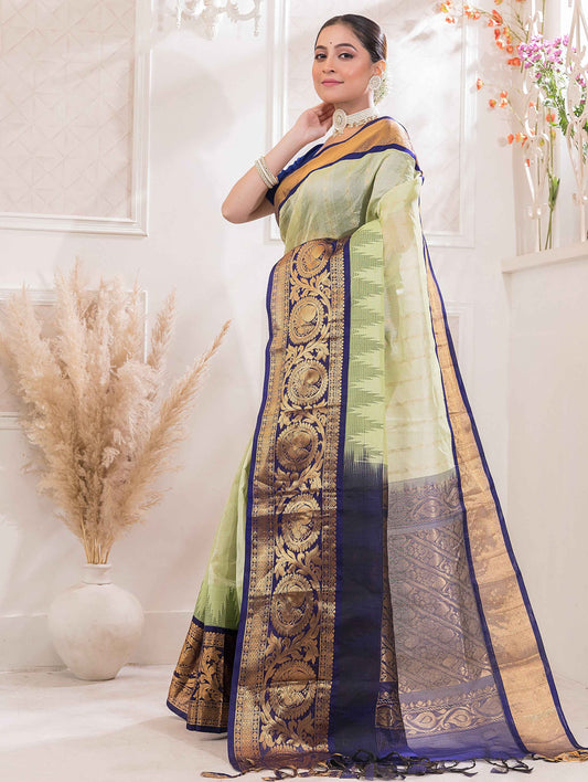 Handloom Korvai Silk Cotton Saree  |  Pistachio Green