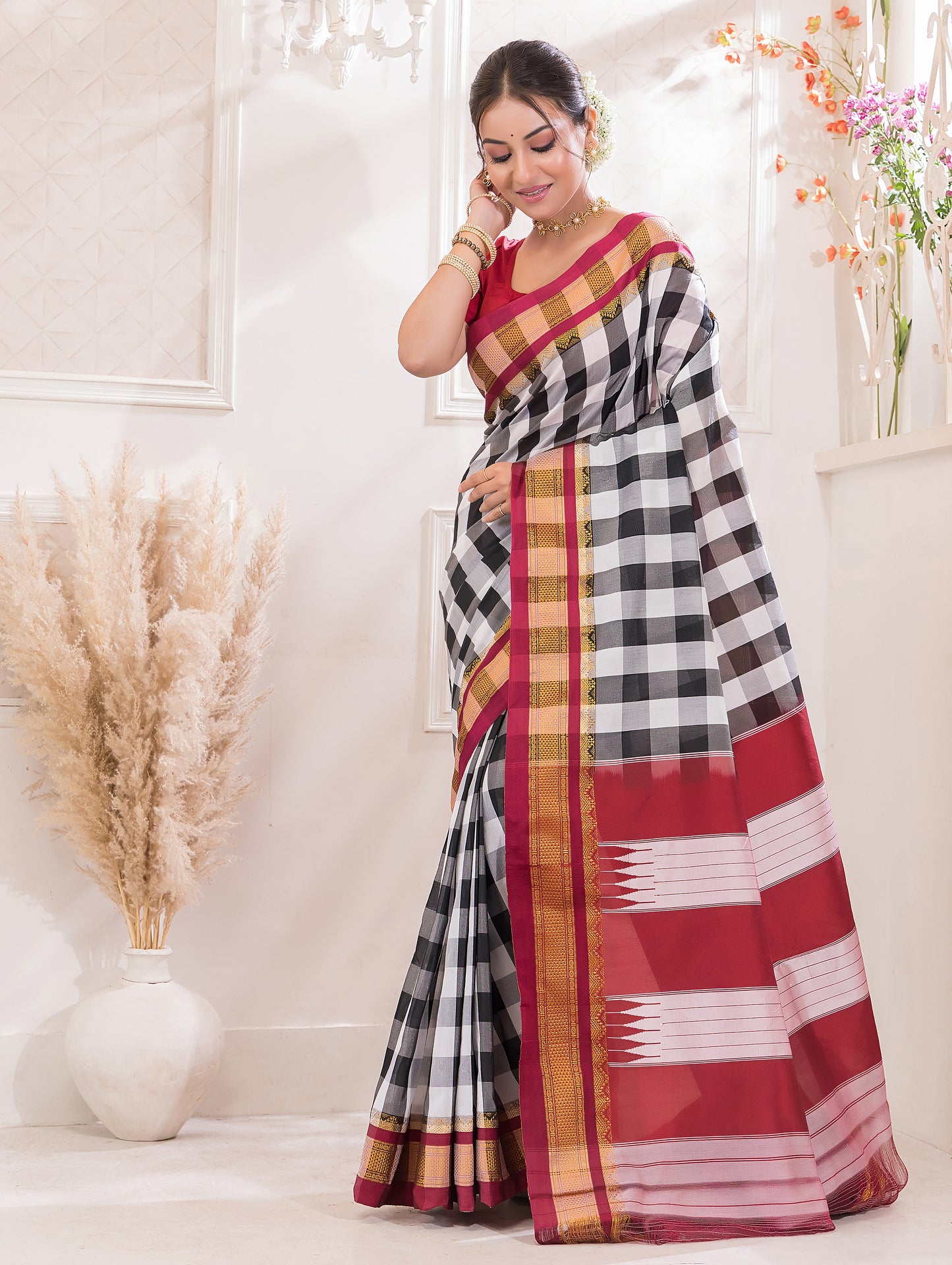 Ilkal Mercerized Cotton Saree with Maroon & Zari Border - 030