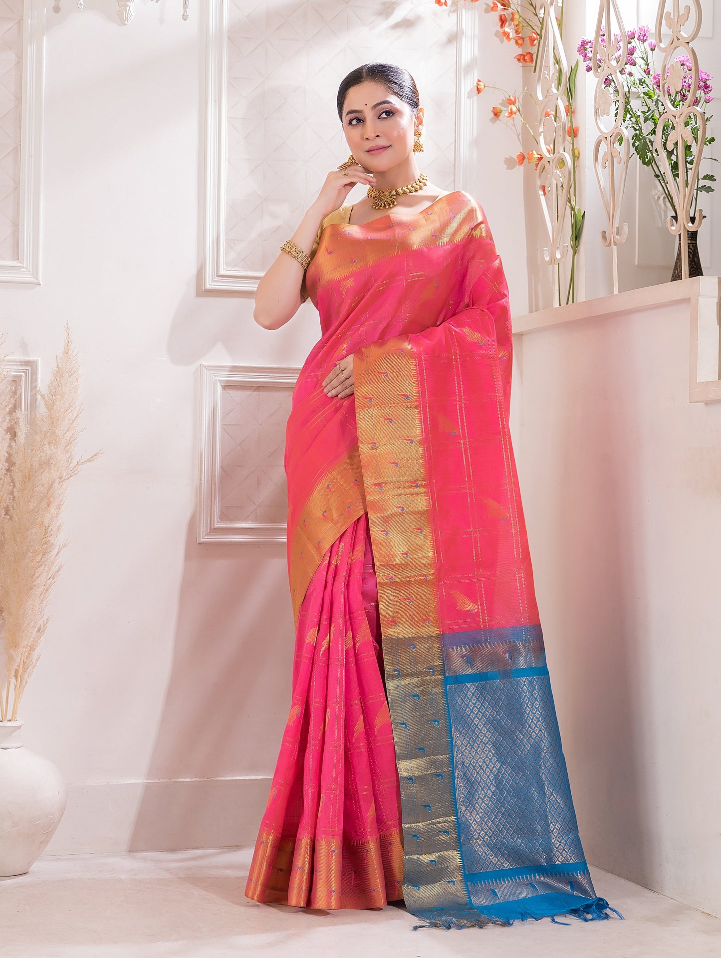 Handloom Korvai Silk Cotton Saree  |  Blush Pink