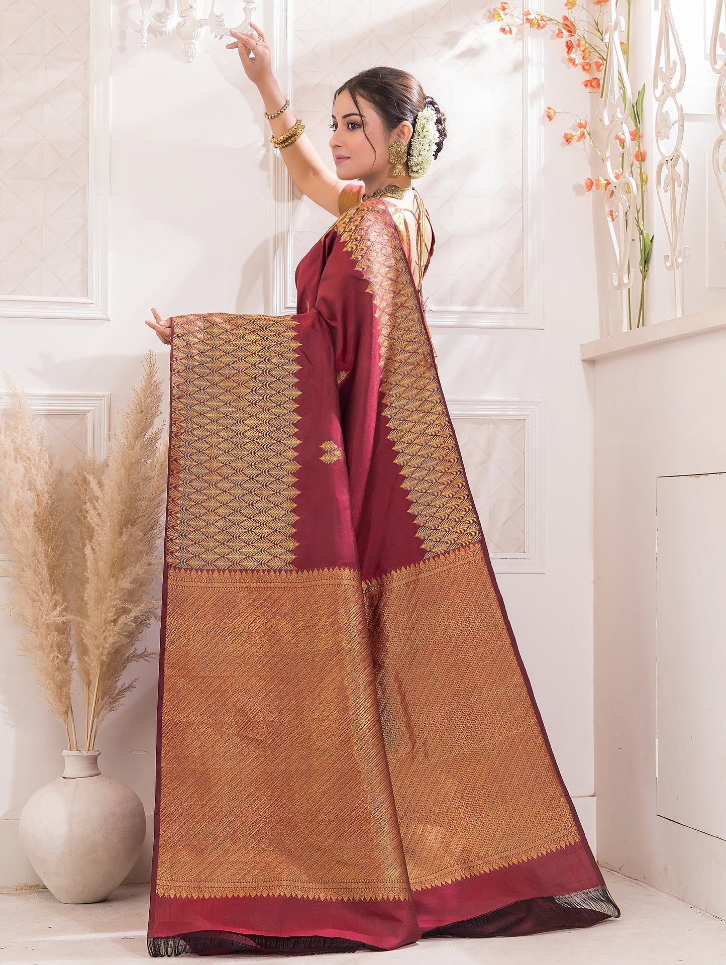 Silk Mark Certified Handloom Kanjivaram Silk Saree  |  Maroon Red