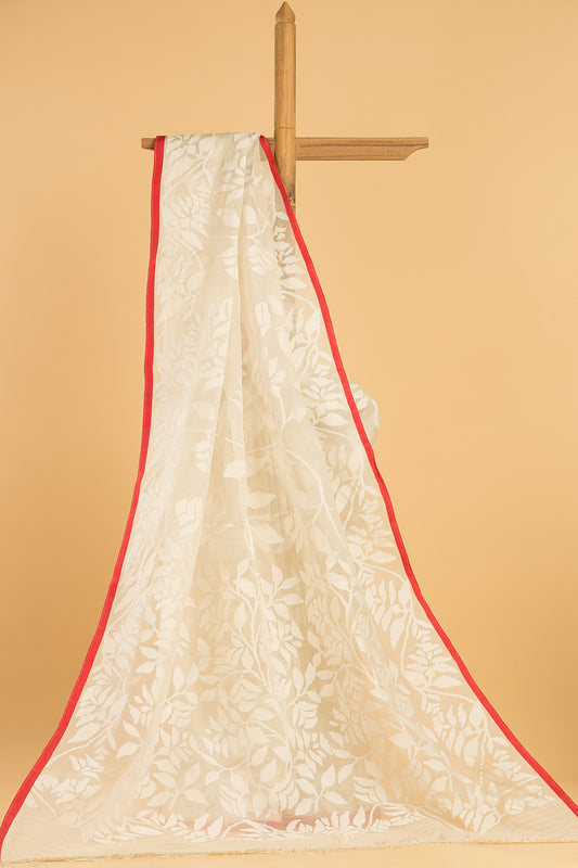 Hand Made Jamdani Saree With Powder White - 071