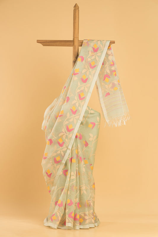 Handwoven Pure Jamdani Muslin Saree  |  Sage Green