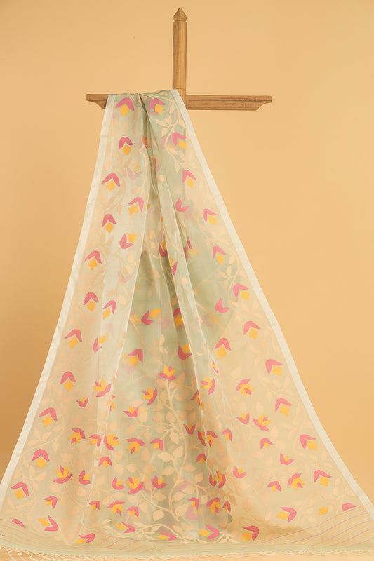 Handwoven Pure Jamdani Muslin Saree  |  Sage Green