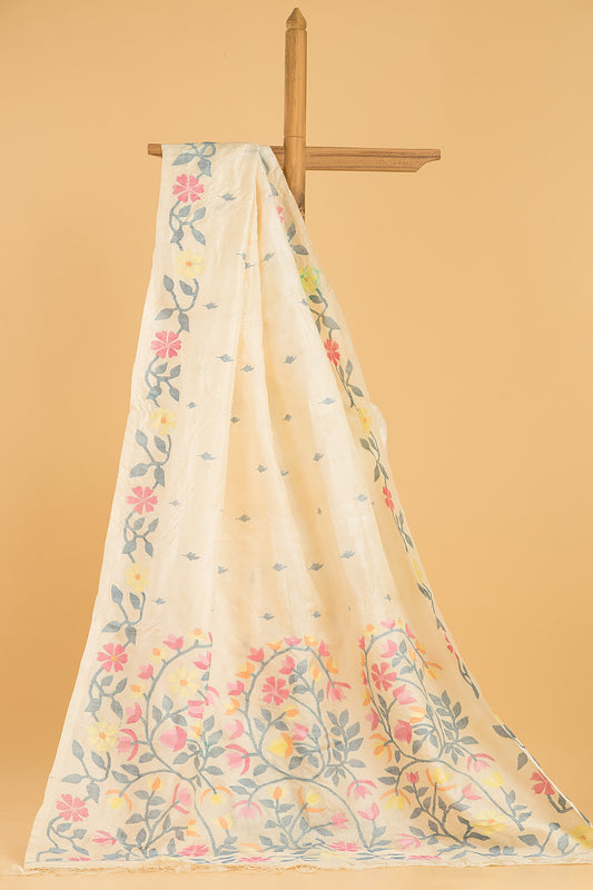 Handwoven Pure Jamdani Muslin Saree  |  Warm Ivory