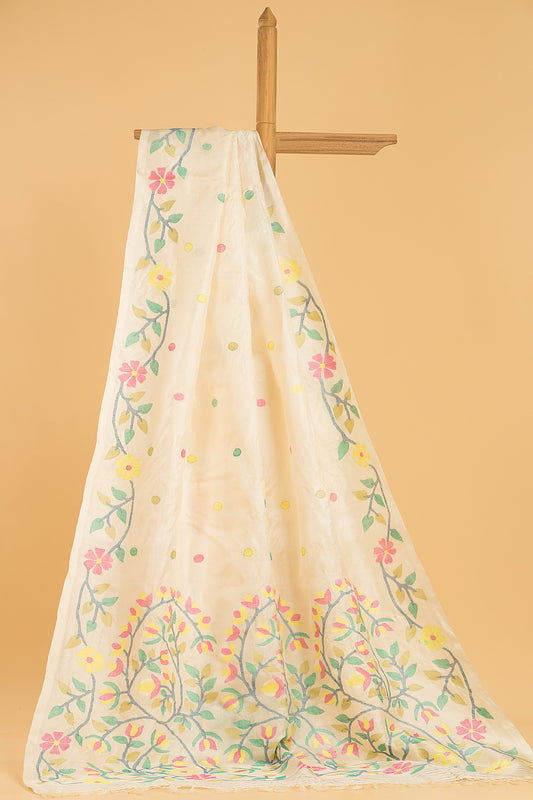 Handwoven Pure Jamdani Muslin Saree  |  Cream Beige