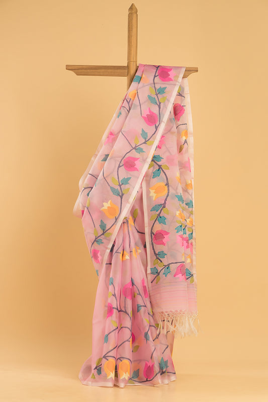 Handwoven Pure Jamdani Cotton Silk Saree  |  Baby Pink