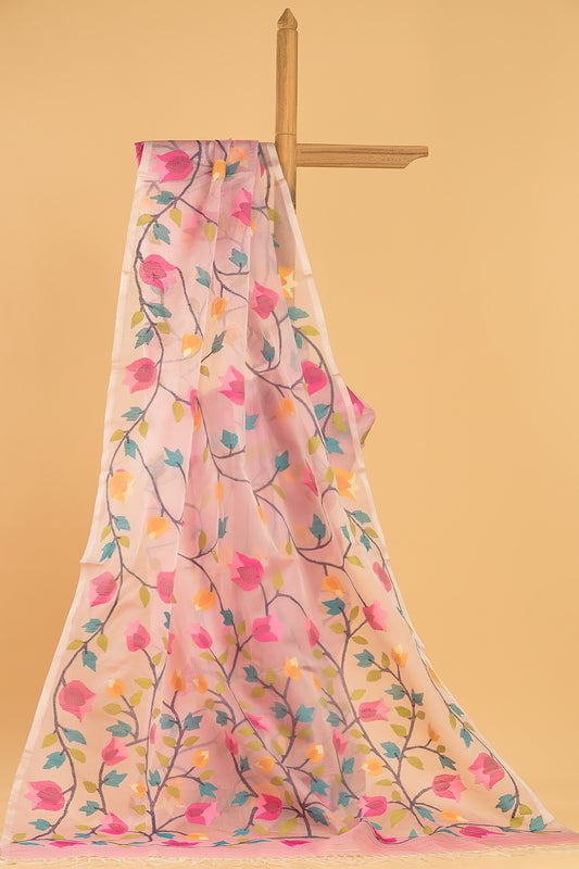 Handwoven Pure Jamdani Cotton Silk Saree  |  Baby Pink