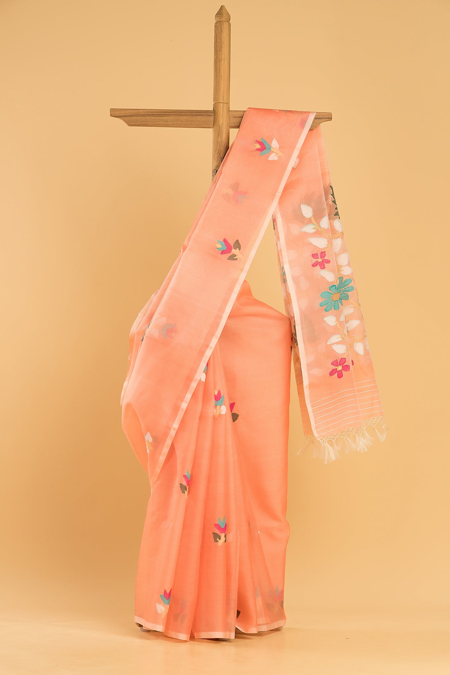 Hand Made Jamdani Saree With Coral Orange - 035