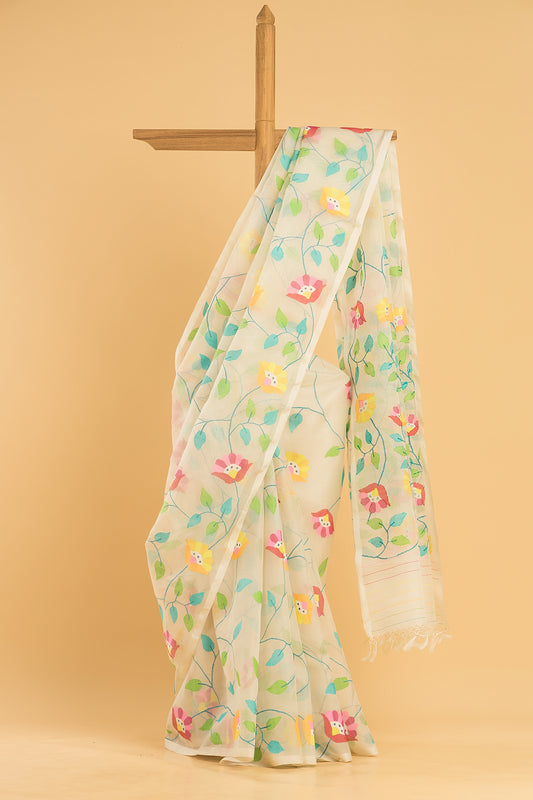 Handwoven Pure Jamdani Cotton Saree  |  Khaki Green