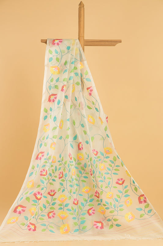 Handwoven Pure Jamdani Cotton Saree  |  Khaki Green