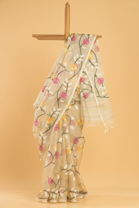 Handwoven Pure Jamdani Muslin Saree  |  Cream Beige