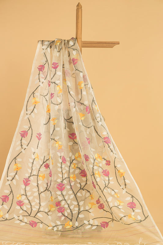 Handwoven Pure Jamdani Muslin Saree  |  Cream Beige