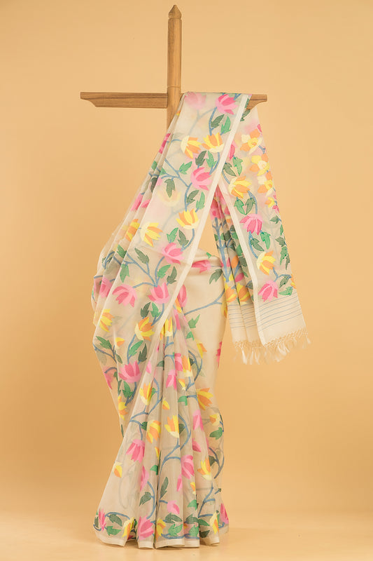 Handwoven Pure Jamdani Muslin Saree  |  Cream Beige