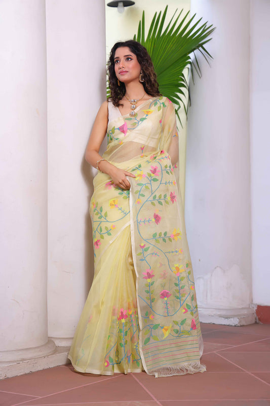 Handwoven Pure Jamdani Muslin Saree  |  Cream Beige