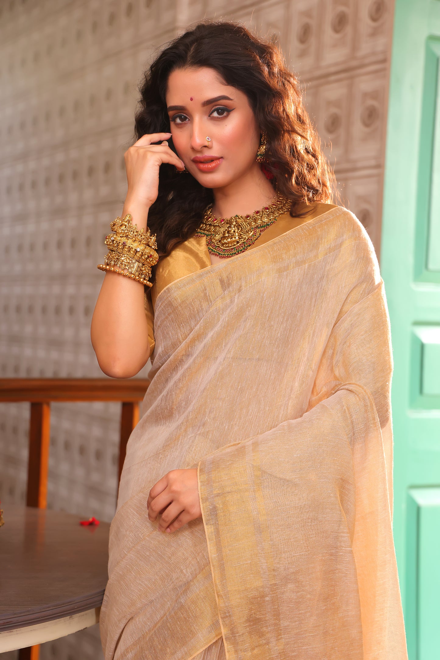 Golden Tissue Silk Saree in Linen White and Golden Pallu - 022