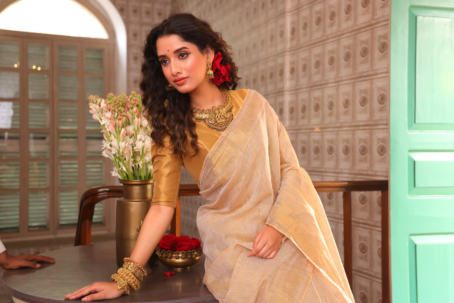 Golden Tissue Silk Saree in Linen White and Golden Pallu - 022