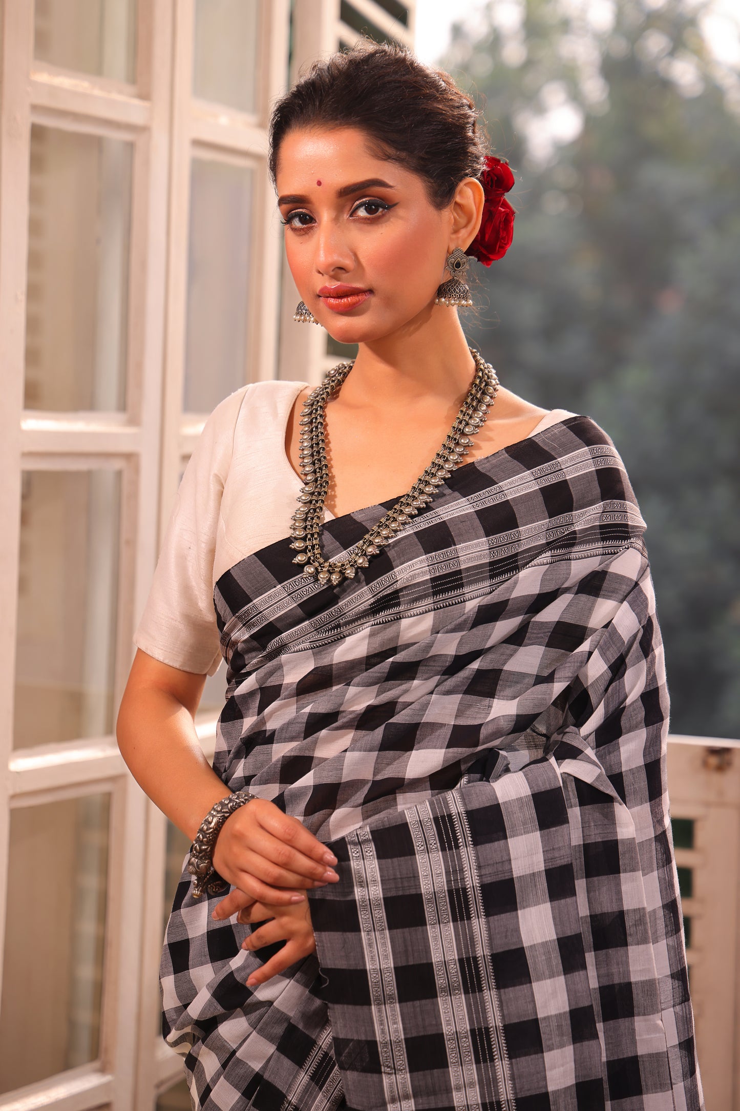 Pure Ilkal Saree in Black and White Checks - 006