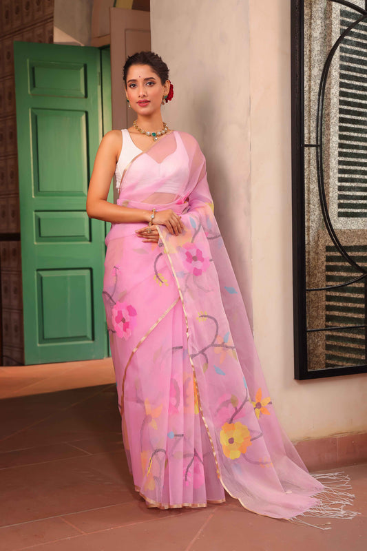 Handwoven Pure Jamdani Muslin Saree  |  Baby Pink