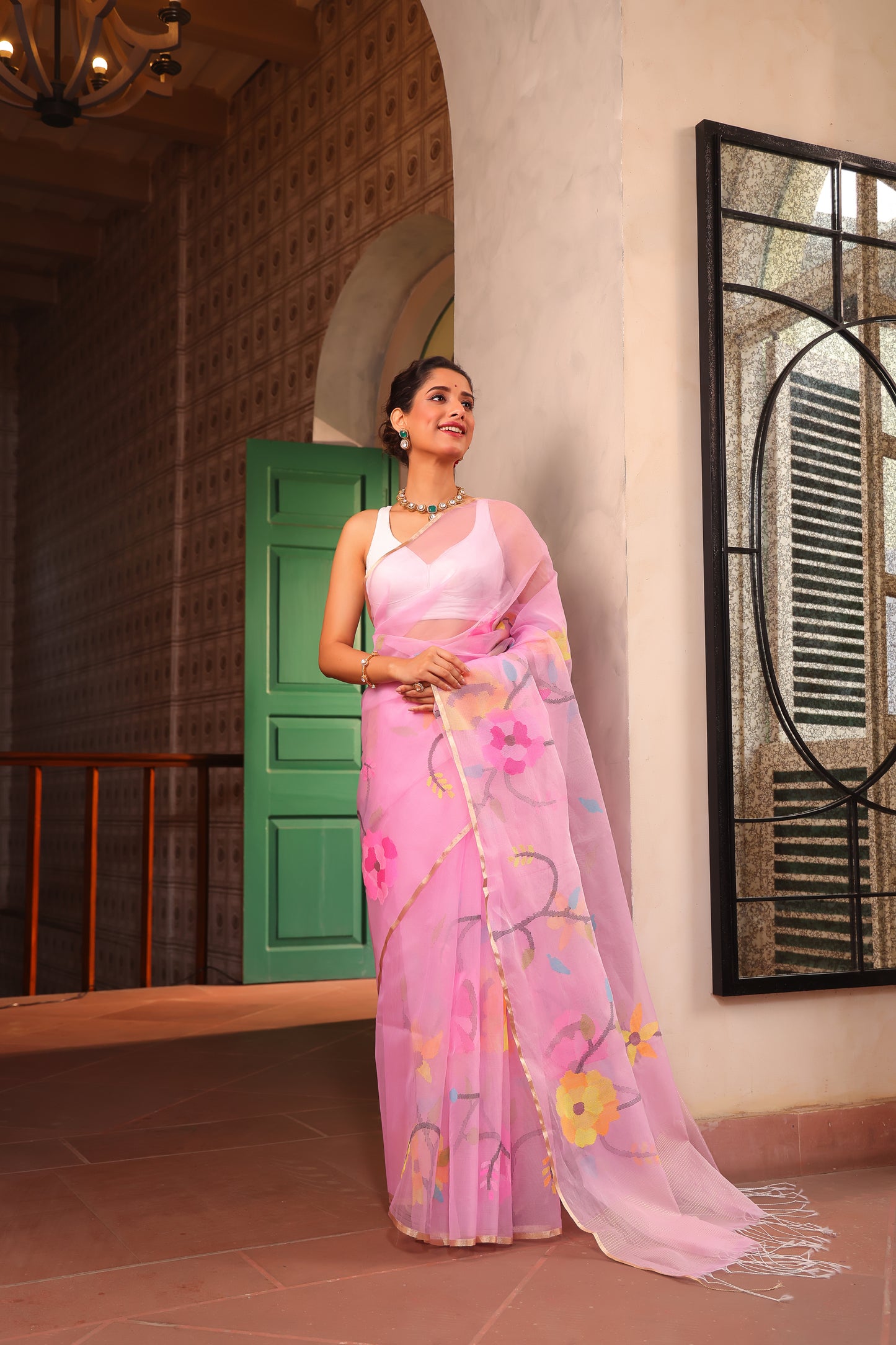 Rose Pink Pure Hand Made Jamdani Saree - 100