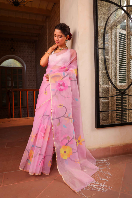 Handwoven Pure Jamdani Muslin Saree  |  Baby Pink