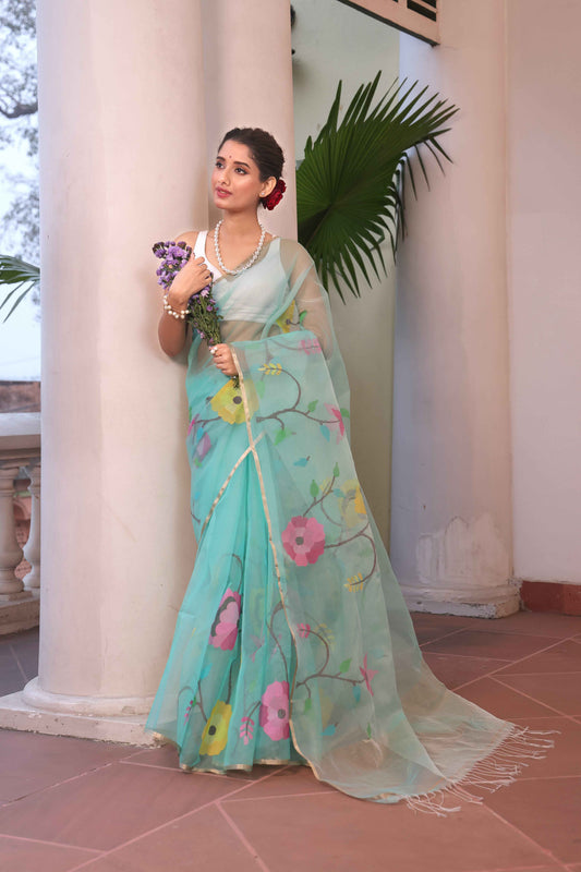 Handwoven Pure Jamdani Muslin Saree  |  Seafoam Teal