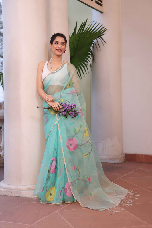 Handwoven Pure Jamdani Muslin Saree  |  Seafoam Teal