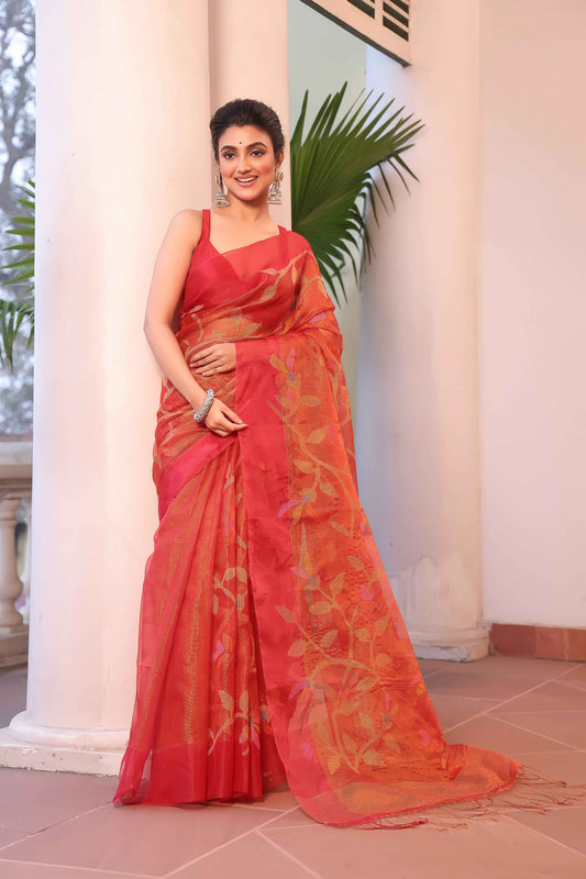Handwoven Pure Jamdani Muslin Saree  |  Classic Red