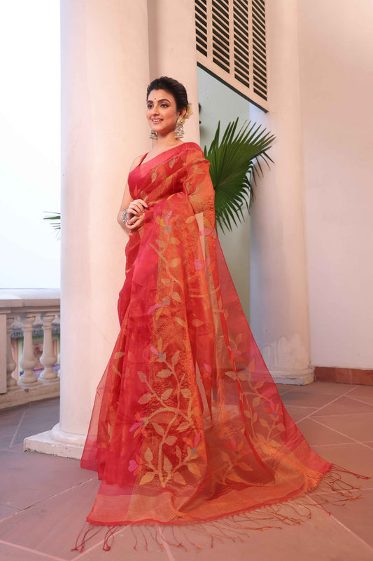 Handwoven Pure Jamdani Muslin Saree  |  Classic Red