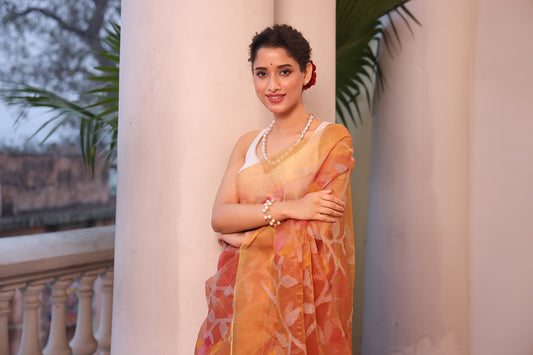 Coral Orange Pure Hand Made Jamdani Saree - 094