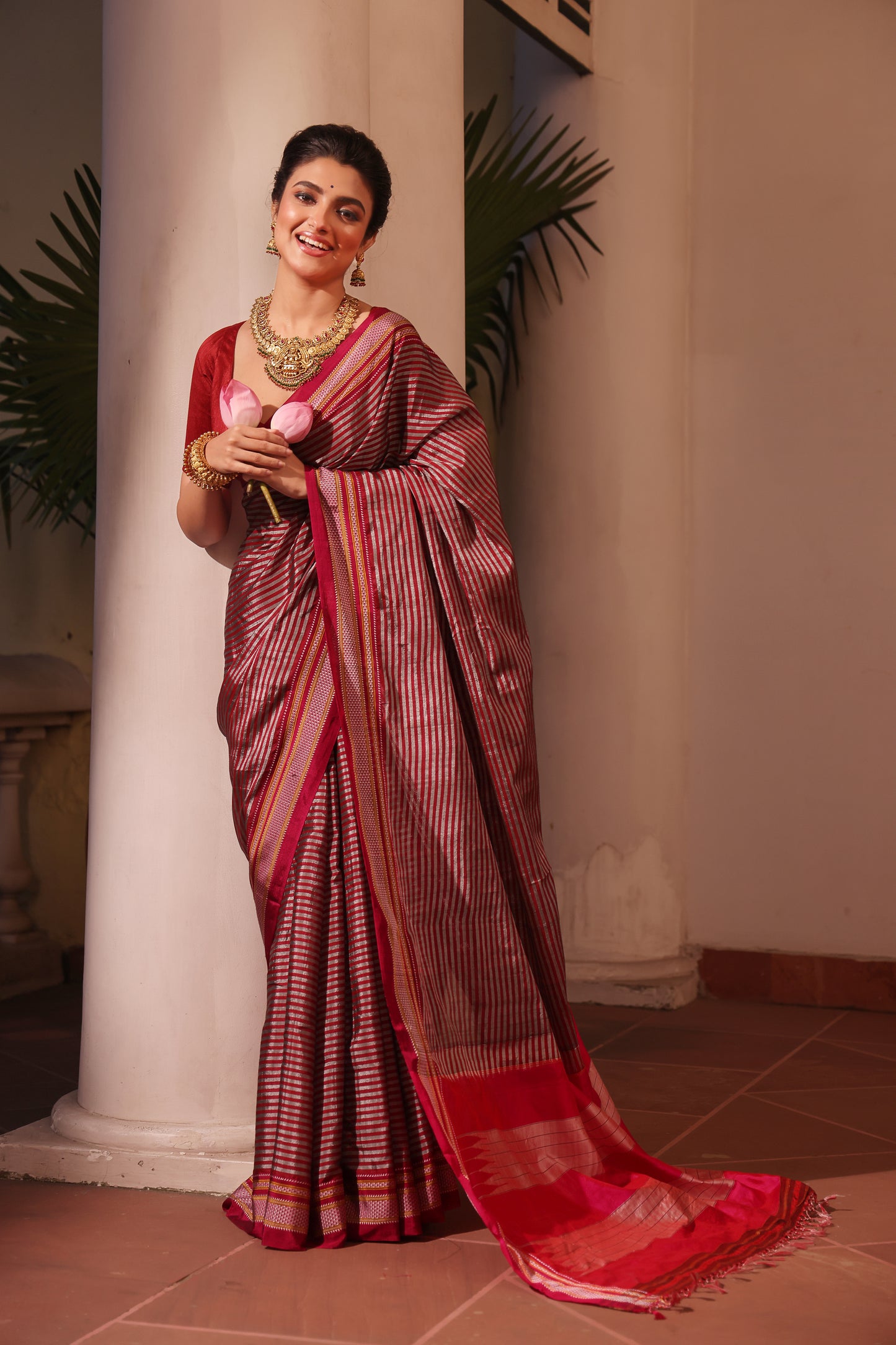 Ilkal Saree in Pink and White stripes - 005