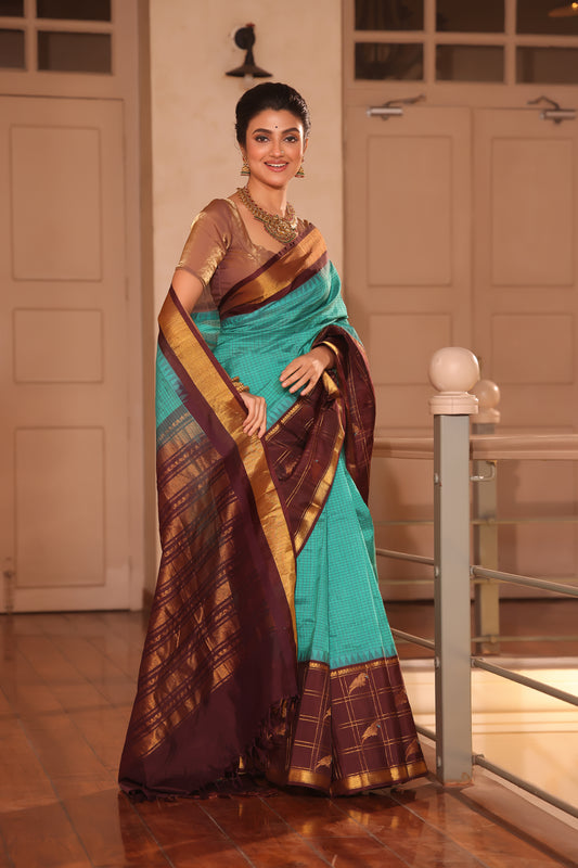 Handloom Korvai Silk Cotton Saree  |  Peacock Teal