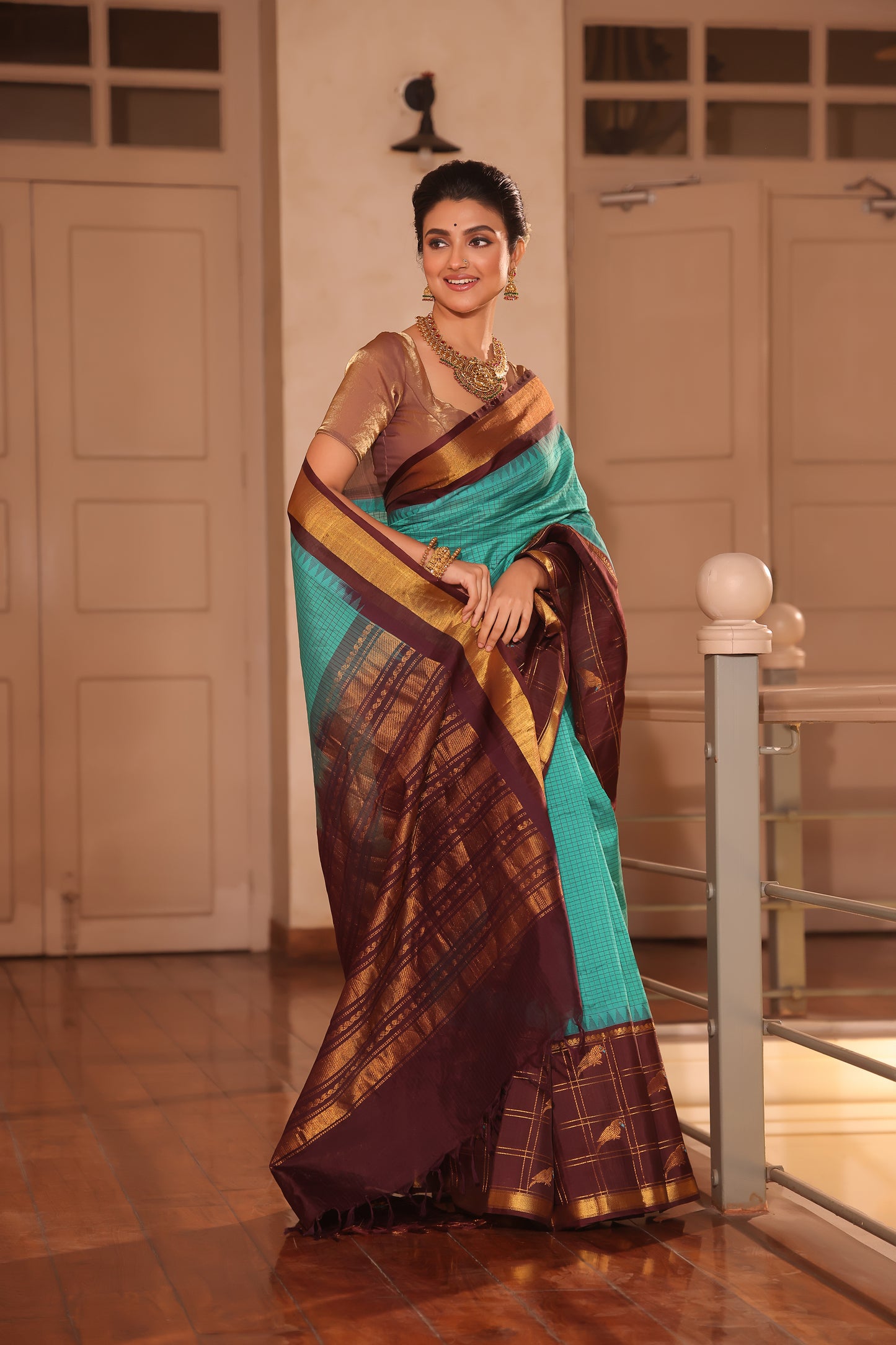 Pure Handloom Korvai Saree | Parrot motifs On Zari Checks | bright Blue