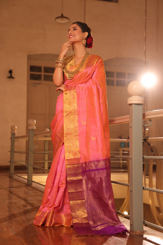 Pure Handloom Korvai Mayil-Chakram Saree in Peach Pink With Zari Checks - 148