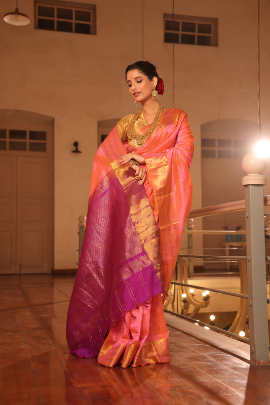 Pure Handloom Korvai Mayil-Chakram Saree in Peach Pink With Zari Checks - 148