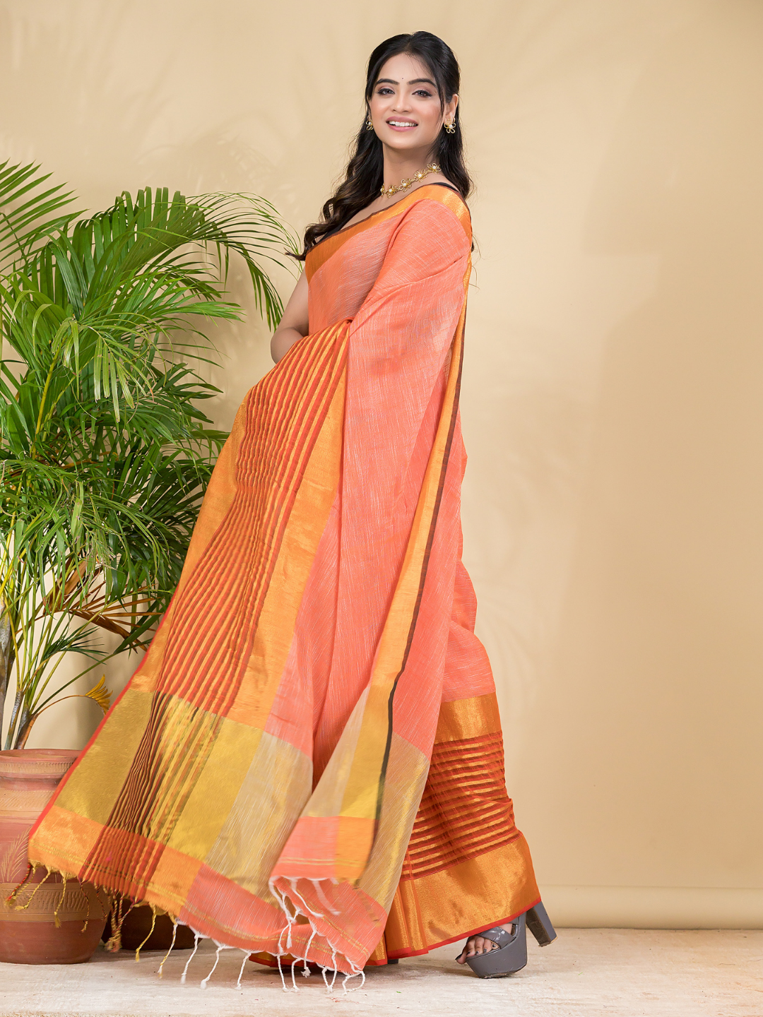 Cotton Linen Handloom Saree With Pale Orange - 014