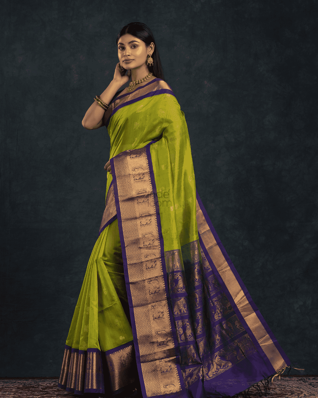 Pure Handloom Korvai Saree | Lime Green and Golden Blue