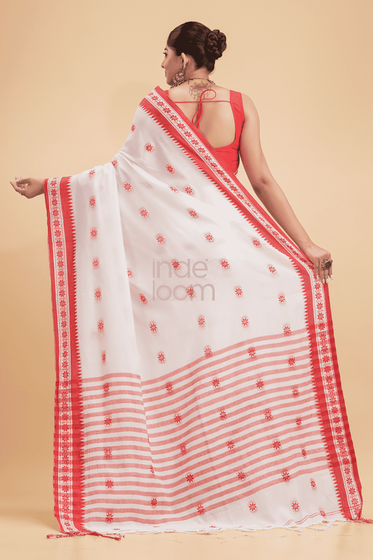 Durga Puja Saree Handloom Cotton Red Border- 015 - indeloom